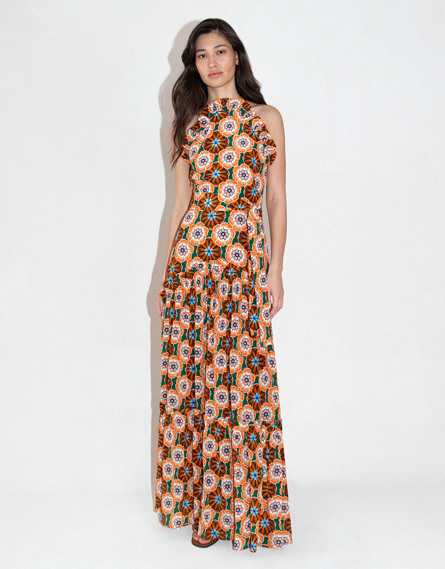 Tatiana Crepe Maxi Dress in Flower Pop Orange