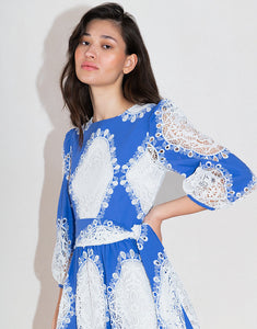 Constance Lace Midi Dress in Blue/White