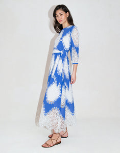 Constance Lace Midi Dress in Blue/White