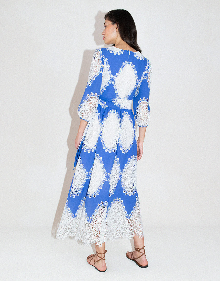 Constance Lace Midi Dress in Blue/White