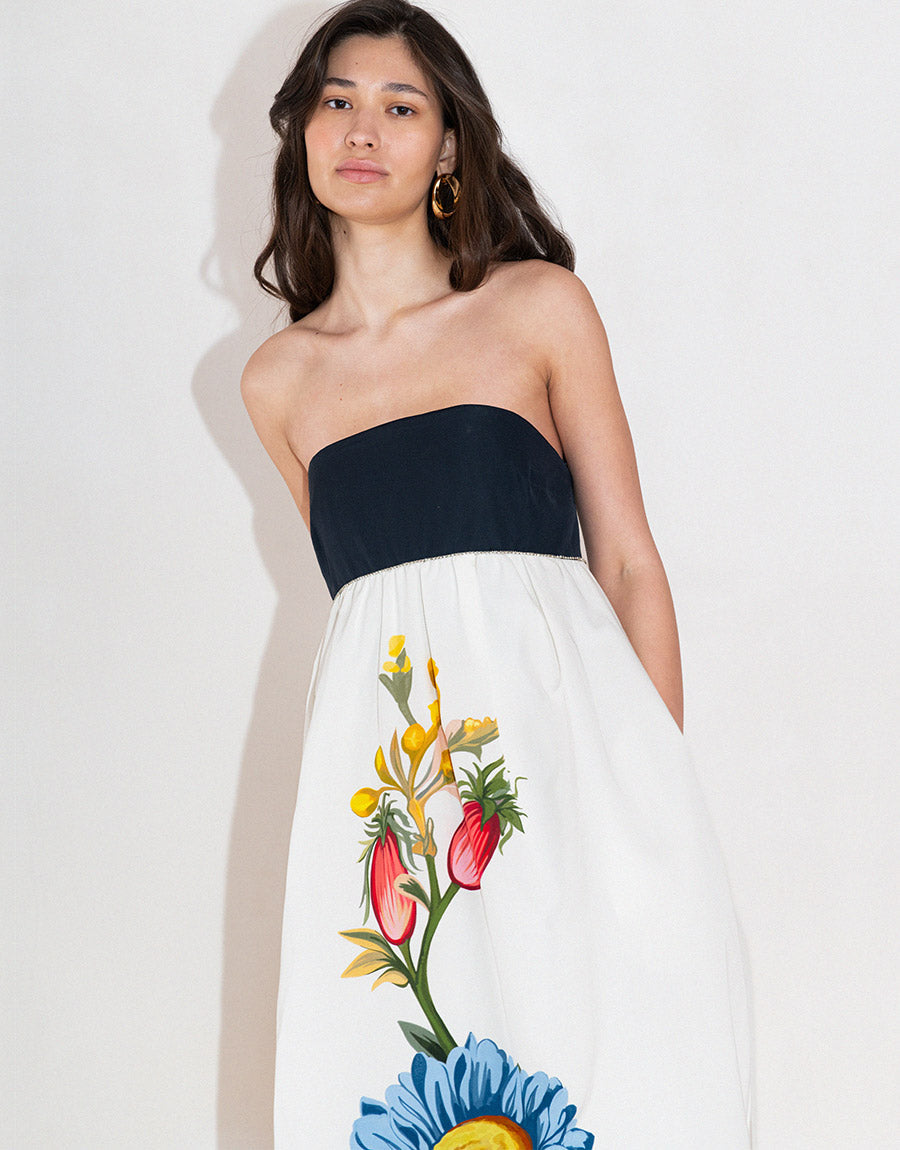 Anastasia Satin Twill Maxi Gown in Sierra Jungle White