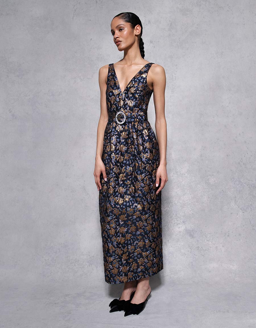 Jules Floral Jacquard Midi Dress in Navy/Gold