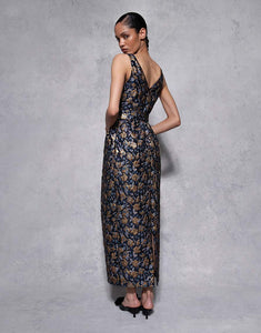 Jules Floral Jacquard Midi Dress in Navy/Gold