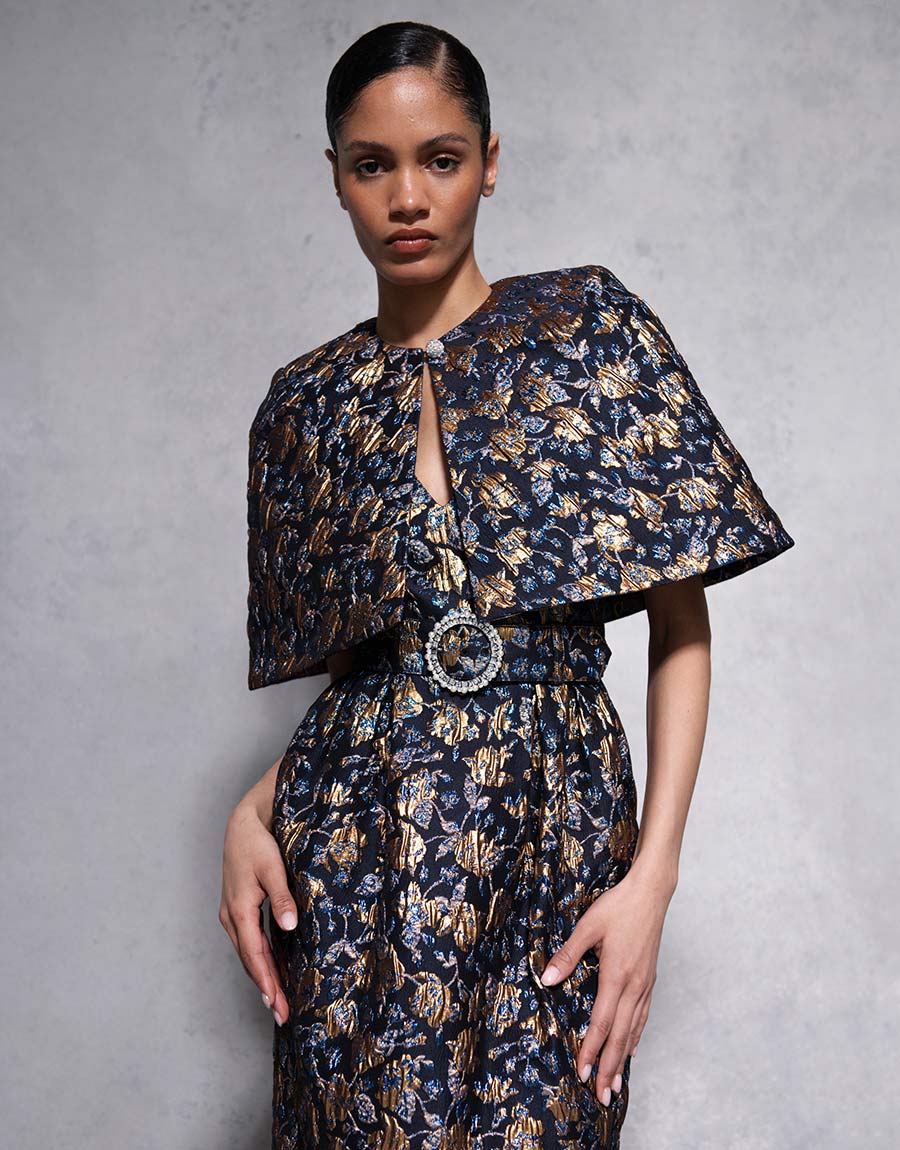 Merryn Floral Jacquard Cape in Navy/Gold