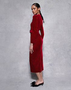 Kiara Velvet Midi Dress in Crystal Burgundy