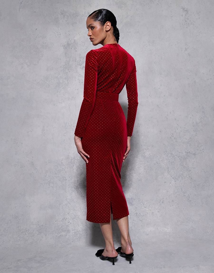 Kiara Velvet Midi Dress in Crystal Burgundy