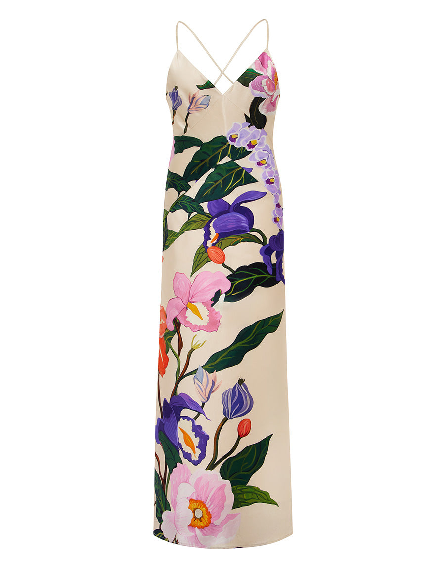 Olive Crepe Maxi Dress in Tree of Life Cream