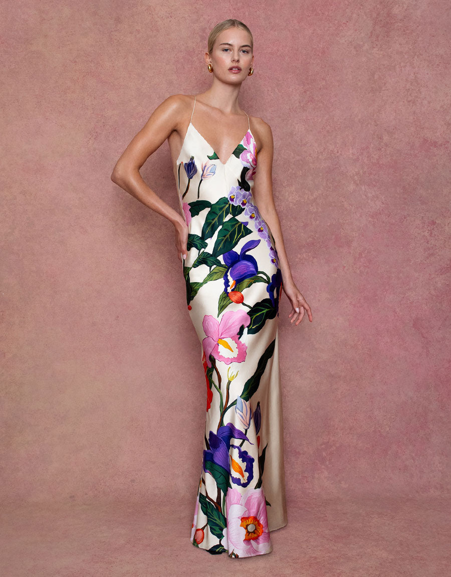 Olive Crepe Maxi Dress in Tree of Life Cream