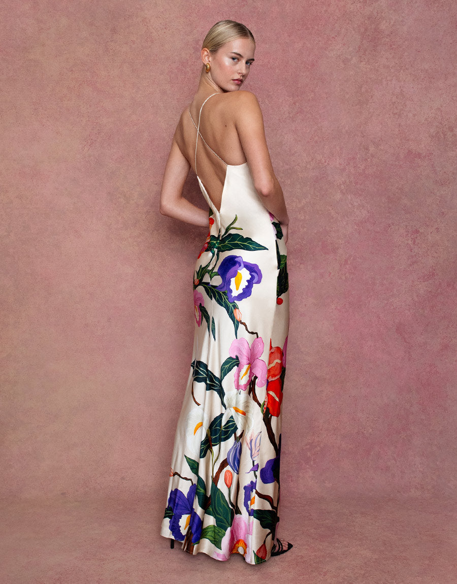 Olive Crepe Maxi Dress in Tree of Life Cream