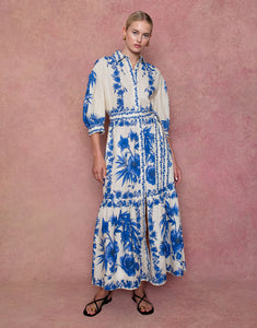 Bianca Linen Maxi Dress in Antigua Blue