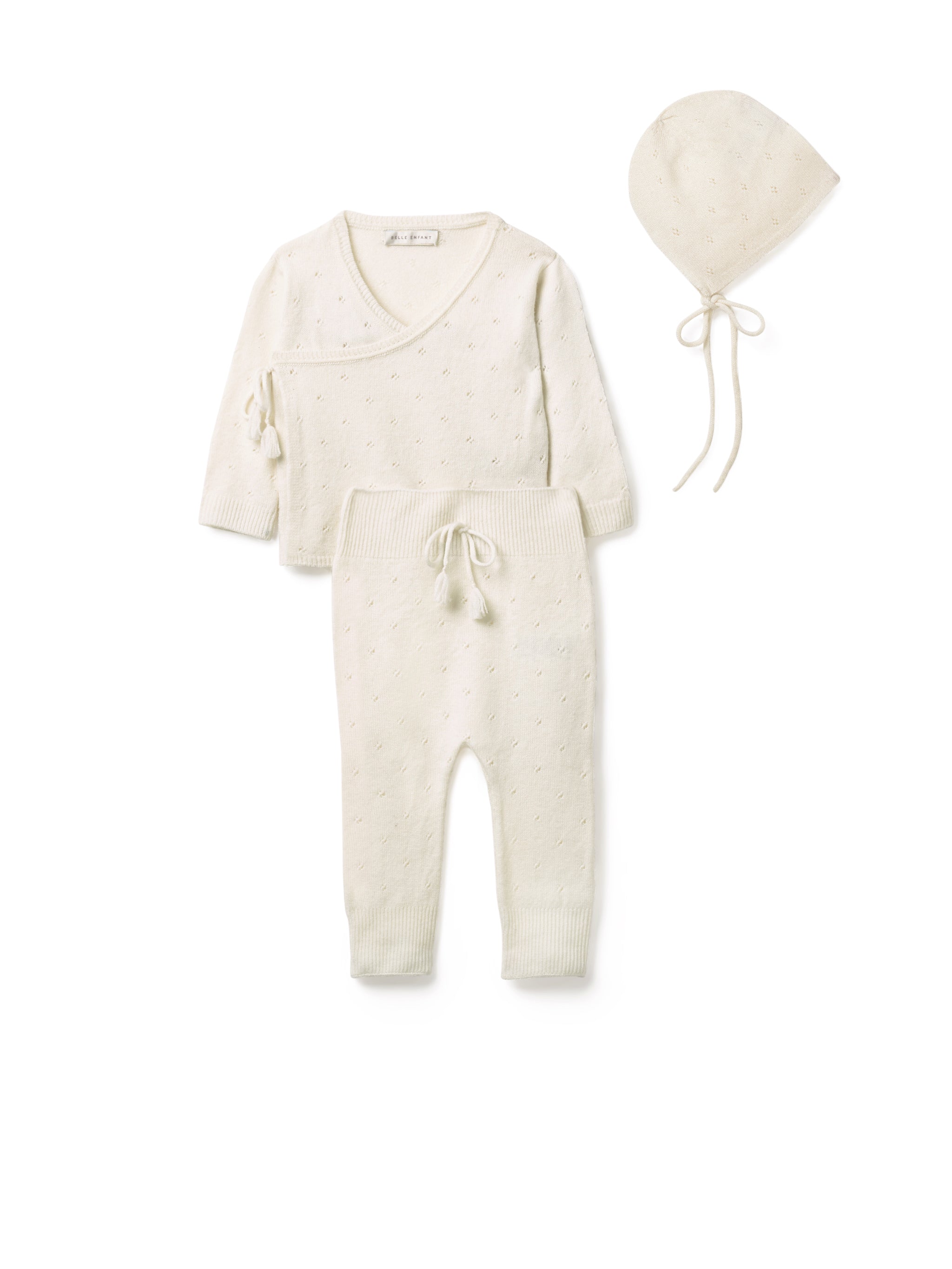 Pointelle Wrap Top, Leggings & Bonnet Set in Snow White