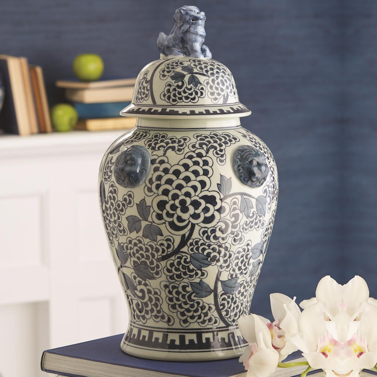 Blue & White Peony Flower Temple Jar