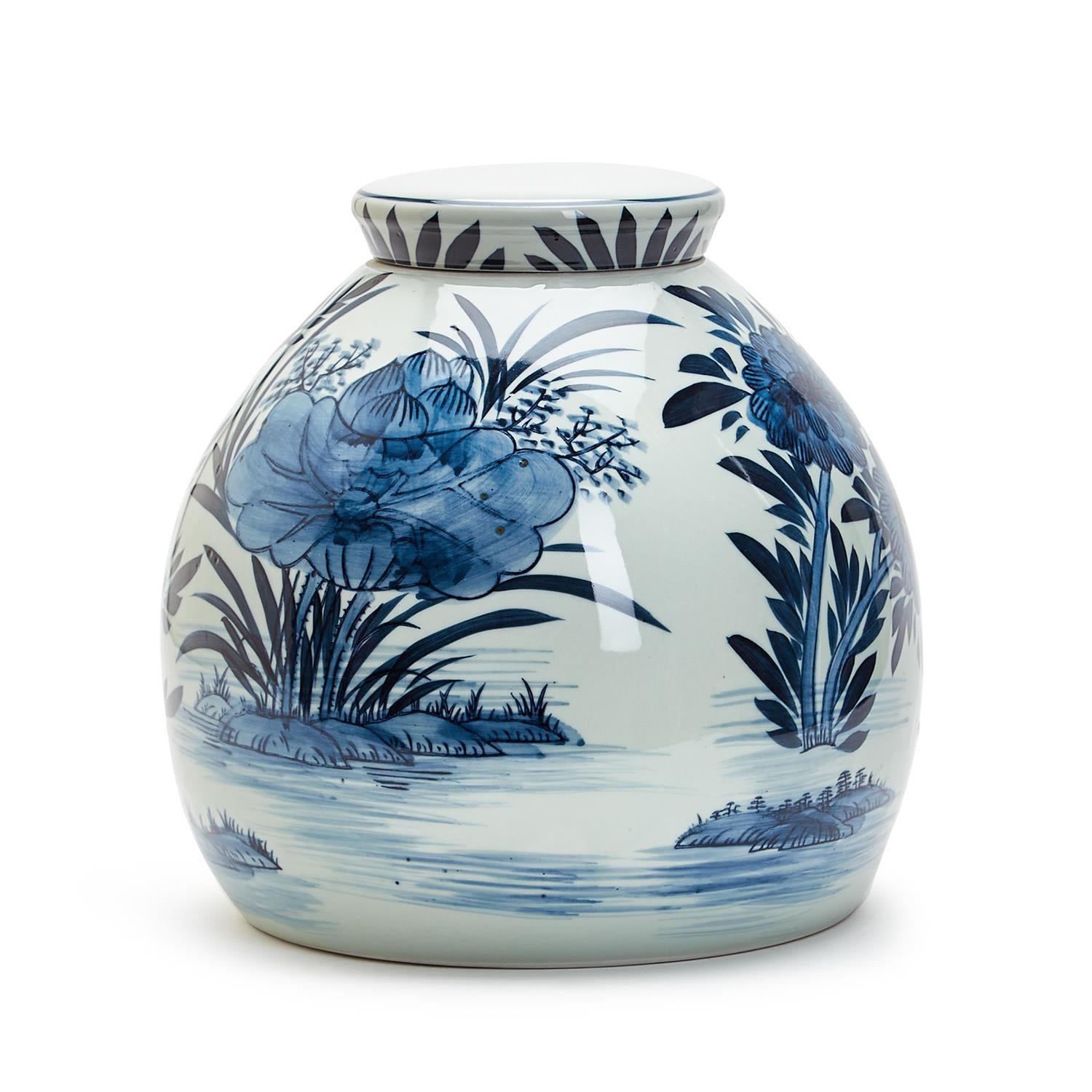 11" Blue and White Squat Covered Ginger Jar