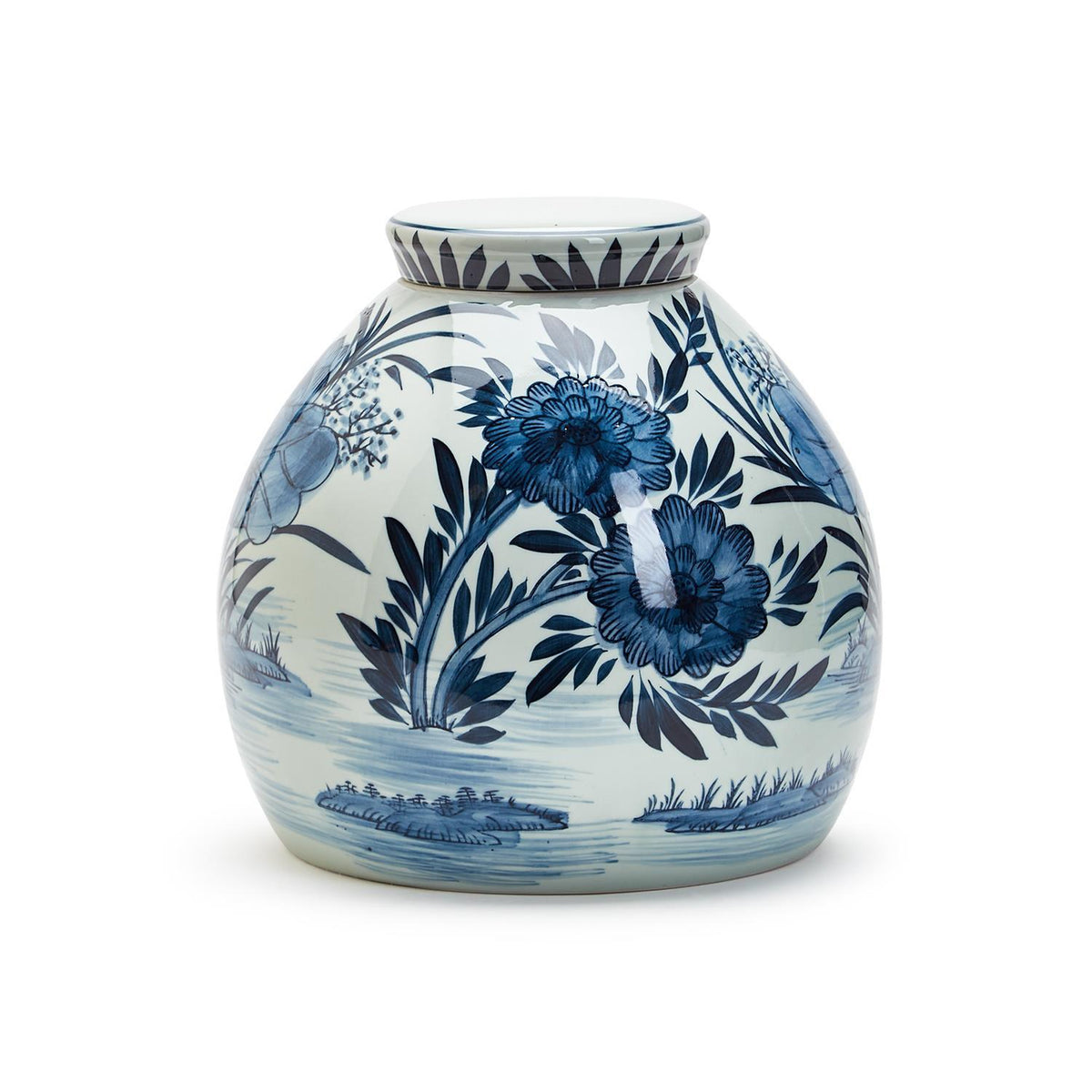 11" Blue and White Squat Covered Ginger Jar