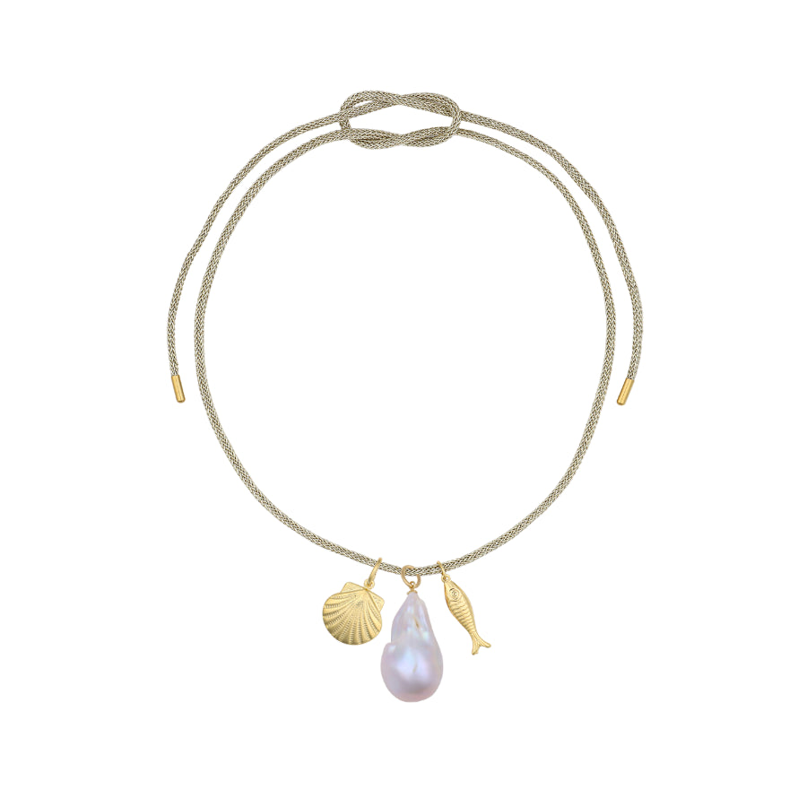 OTM Exclusive: Lurex Cord Necklace With Gold Scallop, Baroque Pearl, Gold Fish Charms