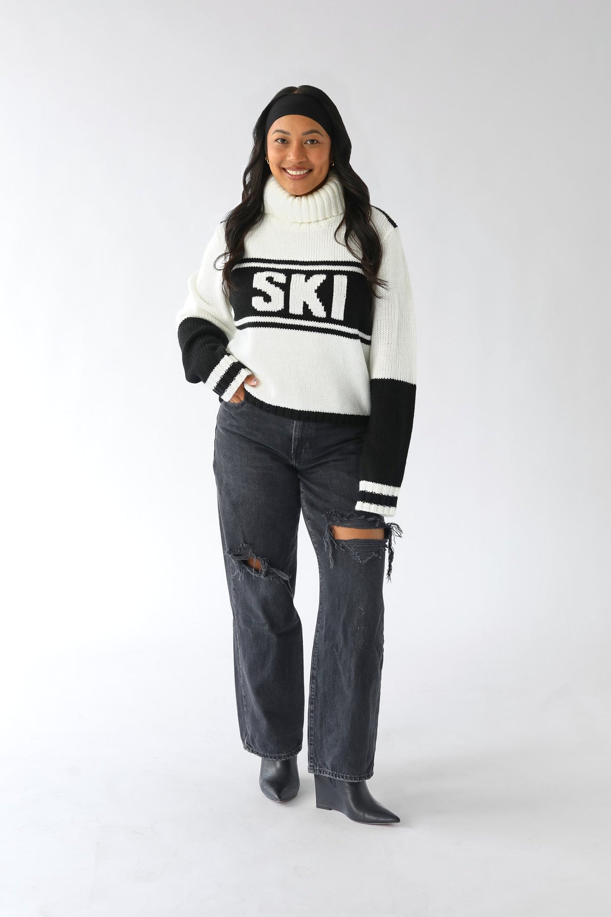 Cropped Vintage Ski Turtleneck Sweater in Ivory Black