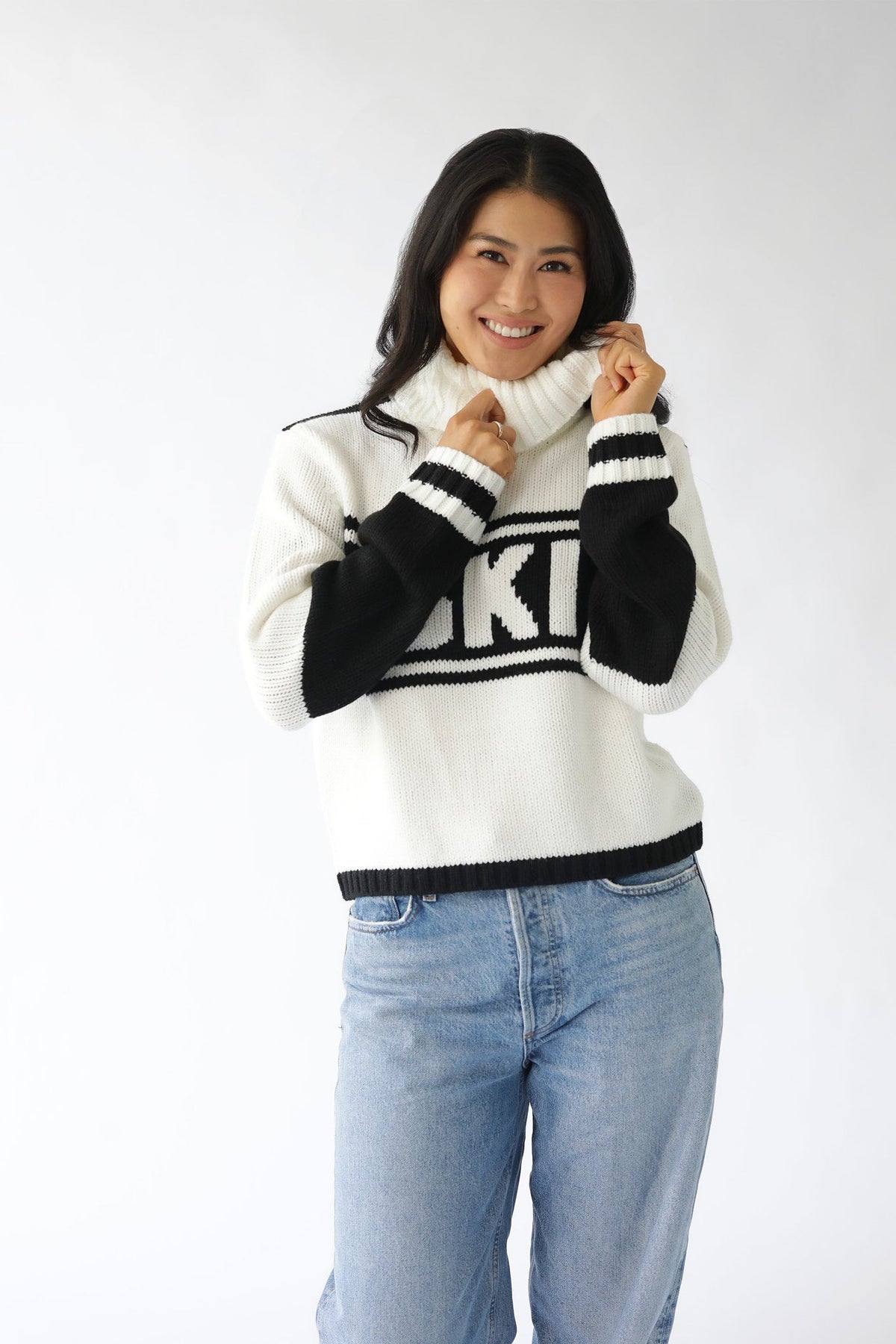 Cropped Vintage Ski Turtleneck Sweater in Ivory Black