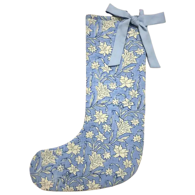 Blue Holiday Floral Blockprint Stocking