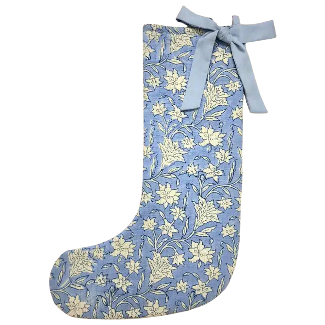 Blue Holiday Floral Blockprint Stocking