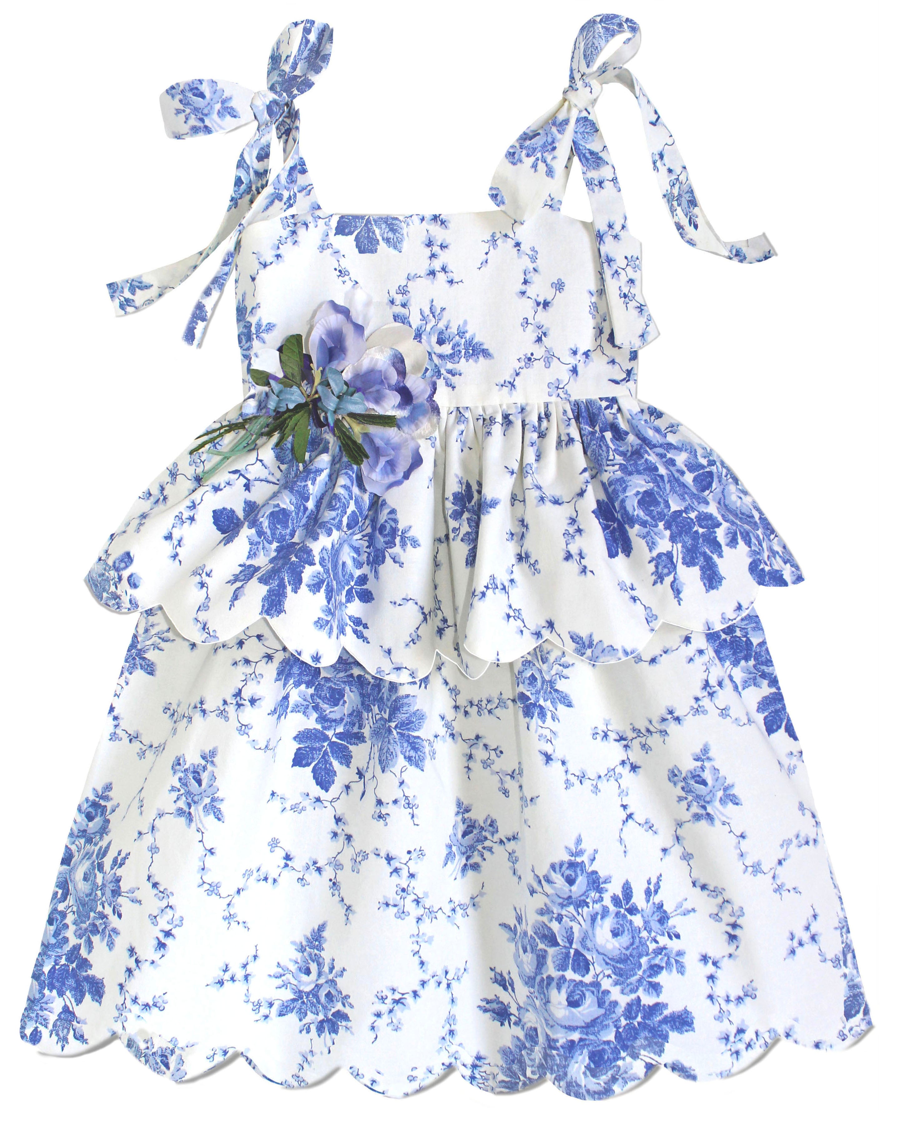 Scallop Peplum Petal Dress in Blue Toile de Jouy