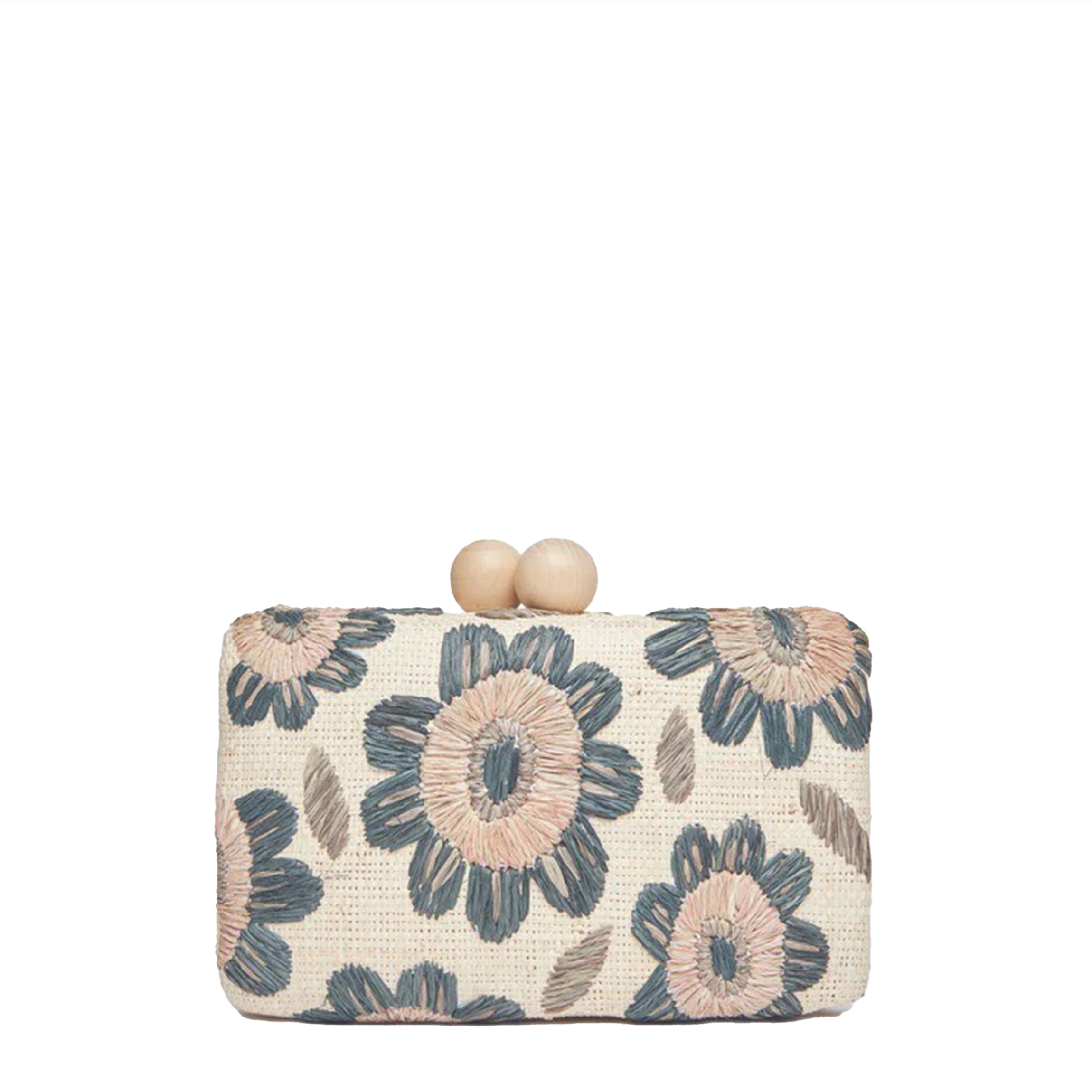 Bryn Embroidered Straw Clutch Bag in Blue Floral