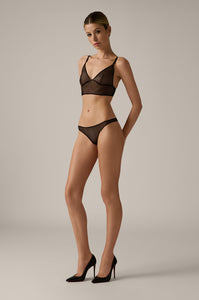 Black crochet thong made from stretch french mesh front/side view