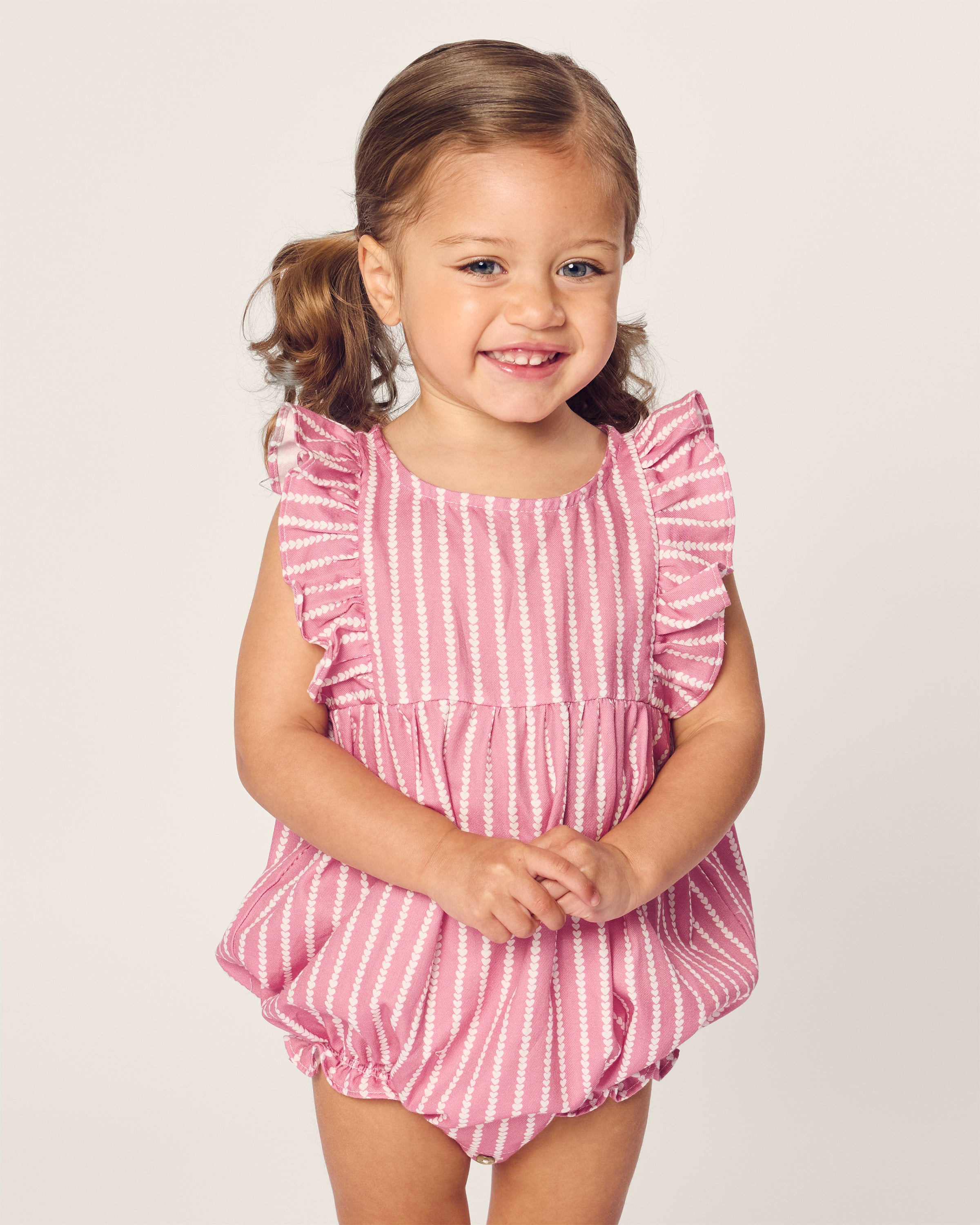 Baby’s Twill Ruffled Romper in Love Lines