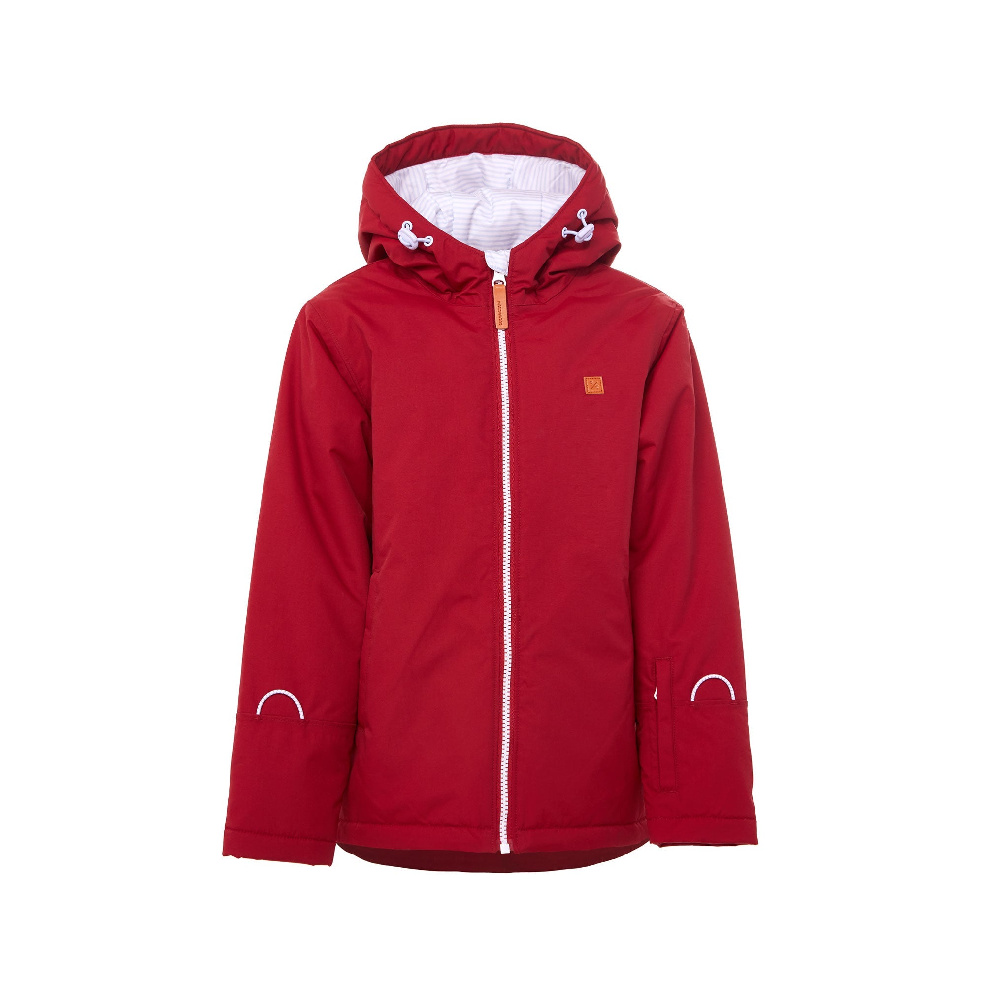 Kids red winter coat for skiing and snow play, with warm insulation and waterproof outer shell for full cold weather protection and hood