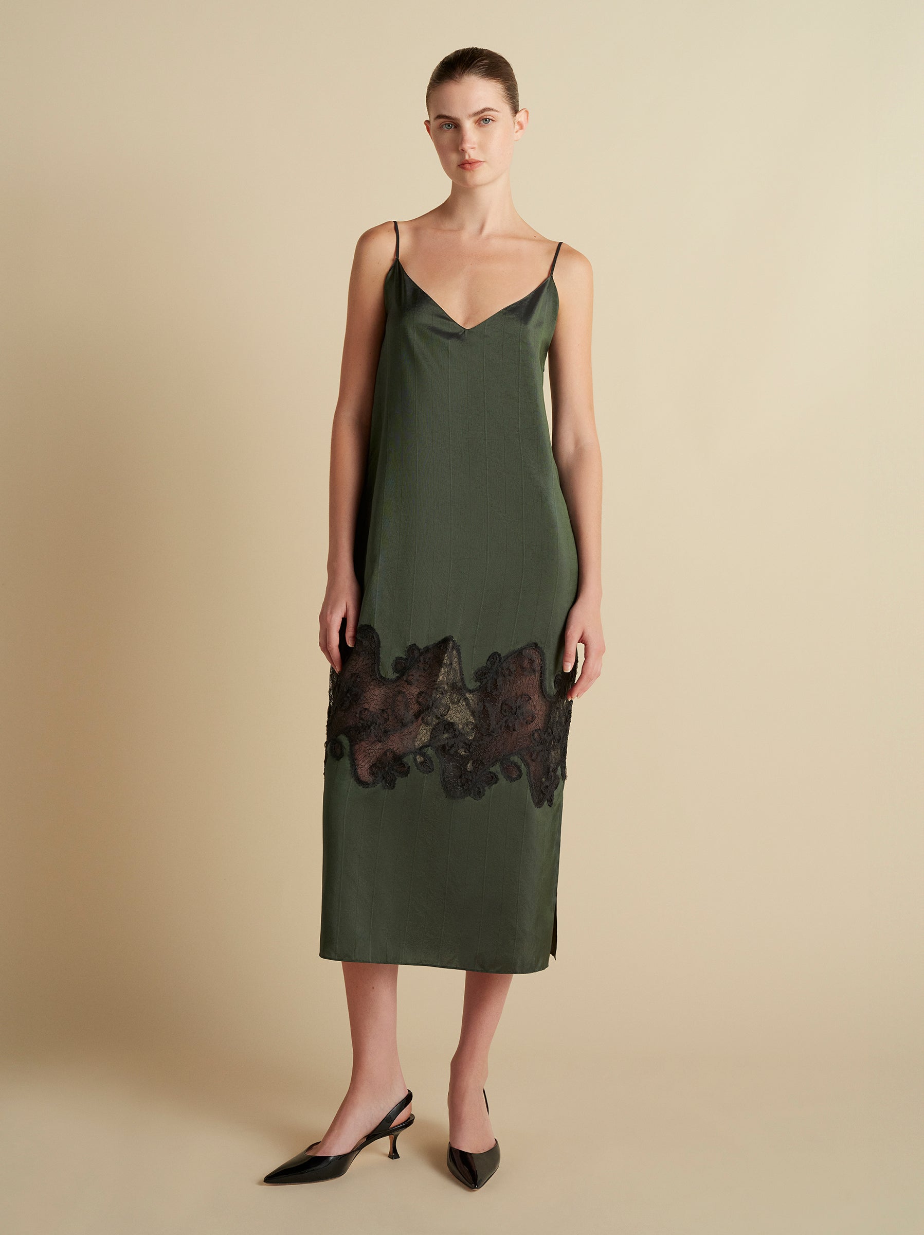 Pinstripe Slipdress with Lace Inlay in Pine