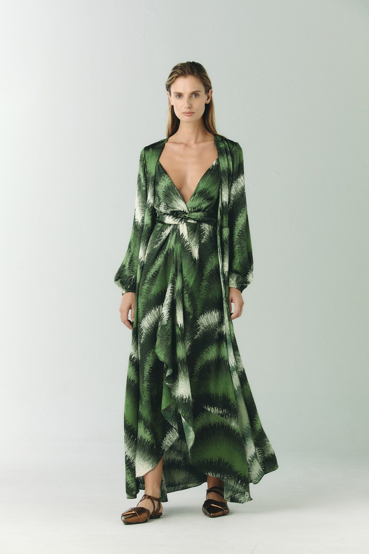 Sabina Silk Jacquard Midi Dress in Green Brushed