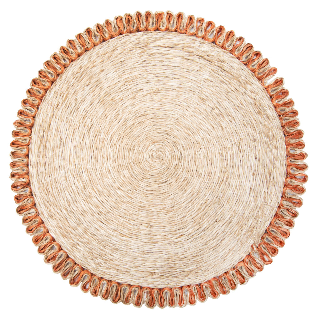 Loopy Abaca 15" Round Placemat in Natural & Orange, Set of 4