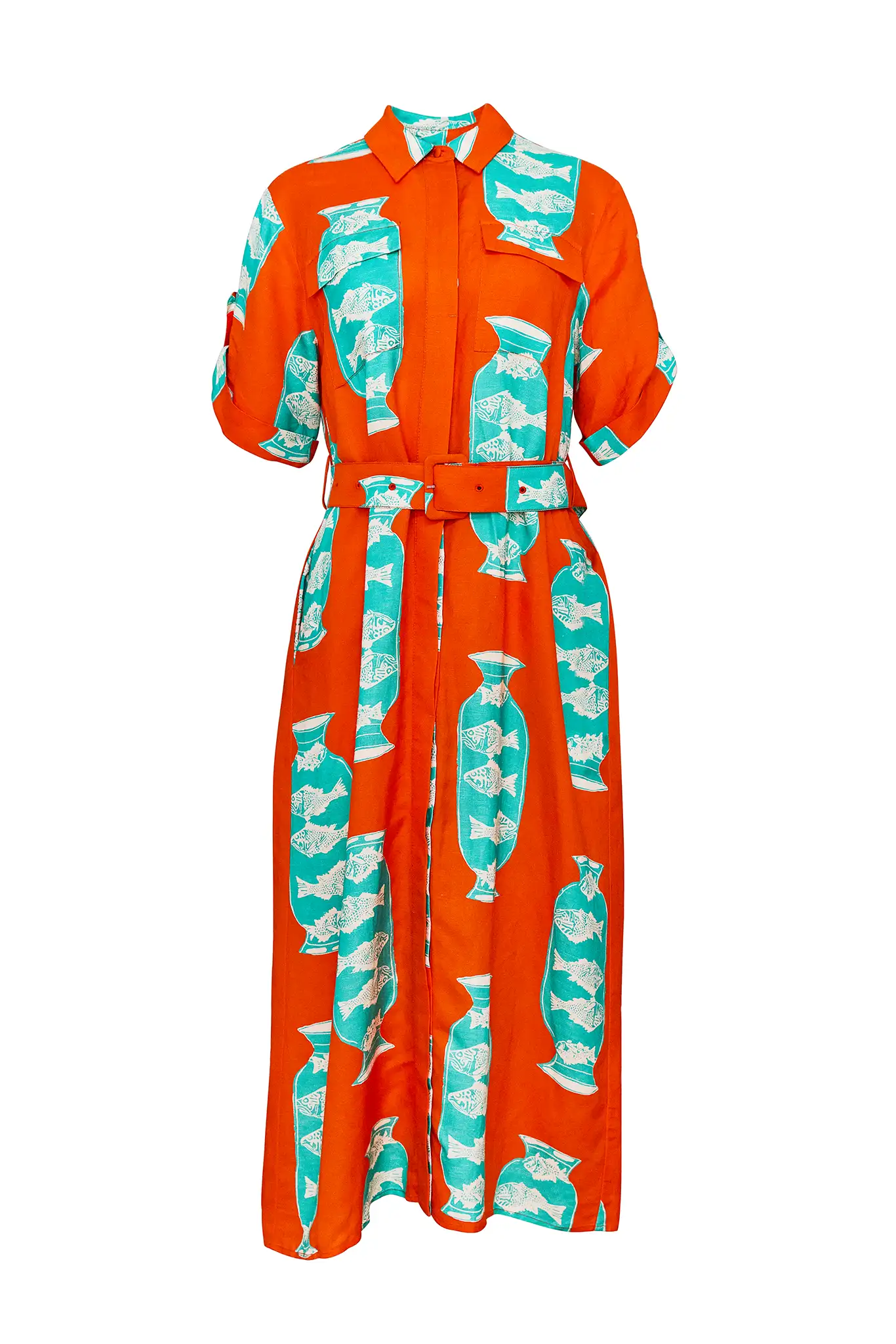 The Charlotte Dress has a collared neck, short sleeves with turned cuffs, and chest pockets.
