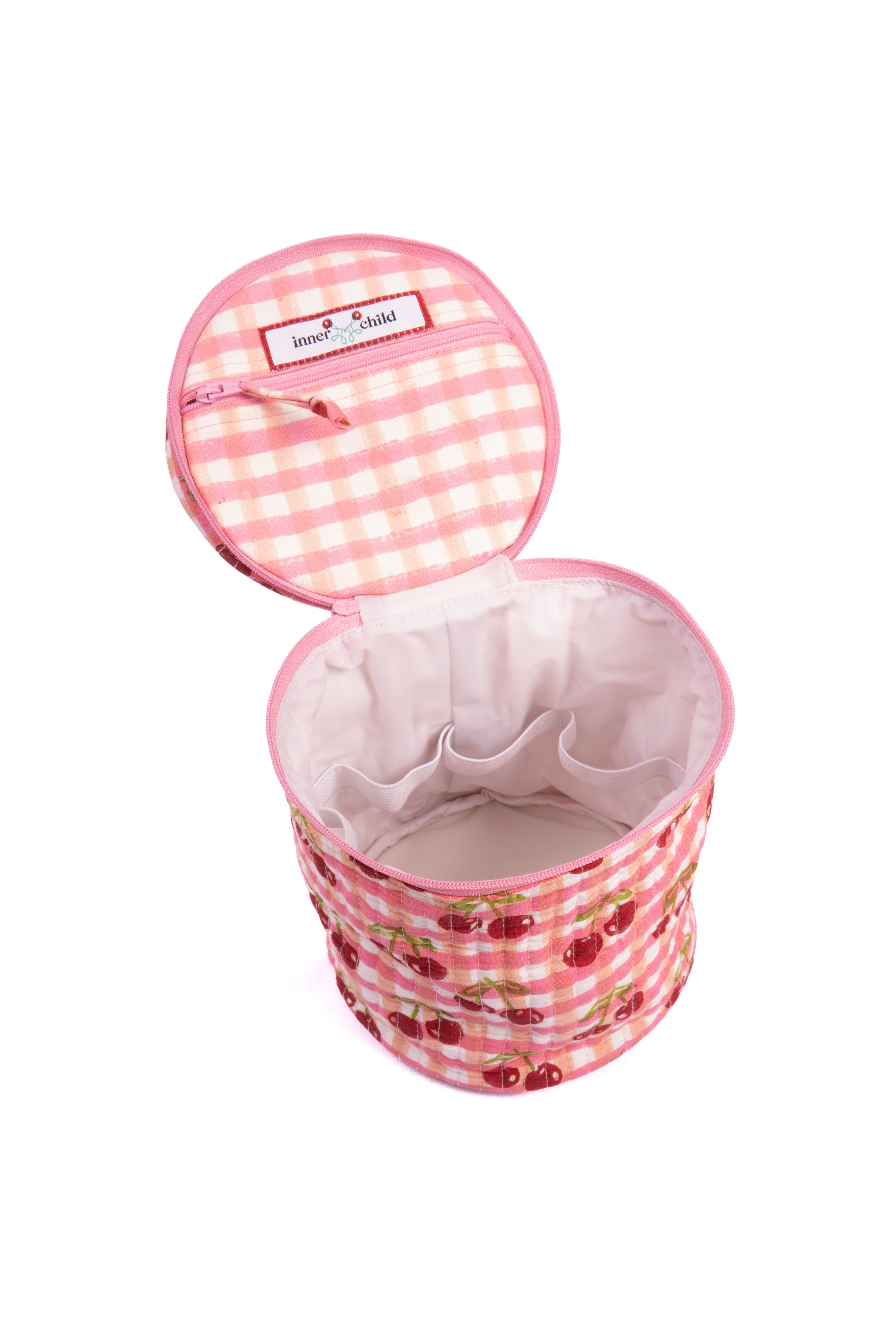 Cherry Round Upright Makeup Bag in Red Gingham Blockprint