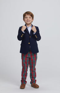 Little English classic boys navy corduroy blazer with buttons down front, Button down shirt in white, classic pant in red, blue, and green highlands tartan pattern