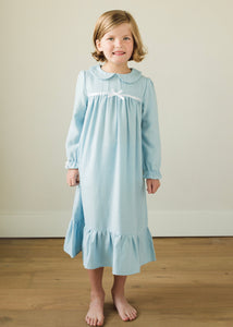 Little English traditional girl's flannel style nightgown, little girl's classic christmas nightgown with bow in light blue