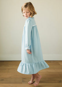 Little English traditional girl's flannel style nightgown, little girl's classic christmas nightgown with bow in light blue