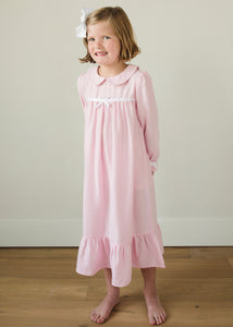 Little English traditional girl's flannel style nightgown, little girl's classic christmas nightgown with bow in light pink