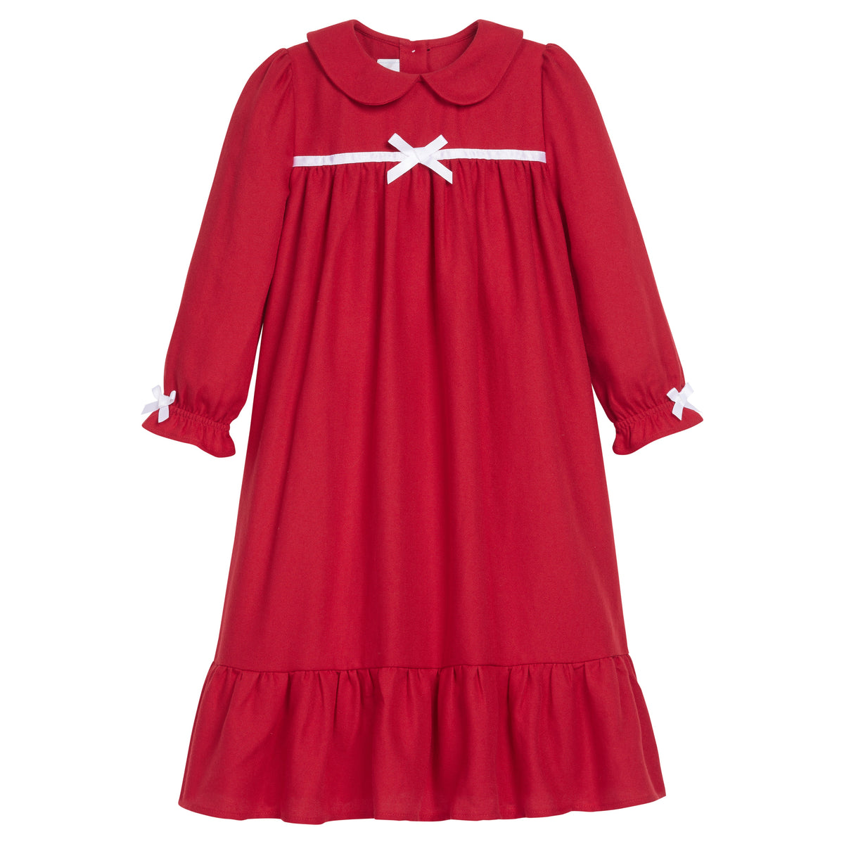 Little English traditional clothing, classic nightgown in red with white bows on sleeve cuffs and chest, for little girl