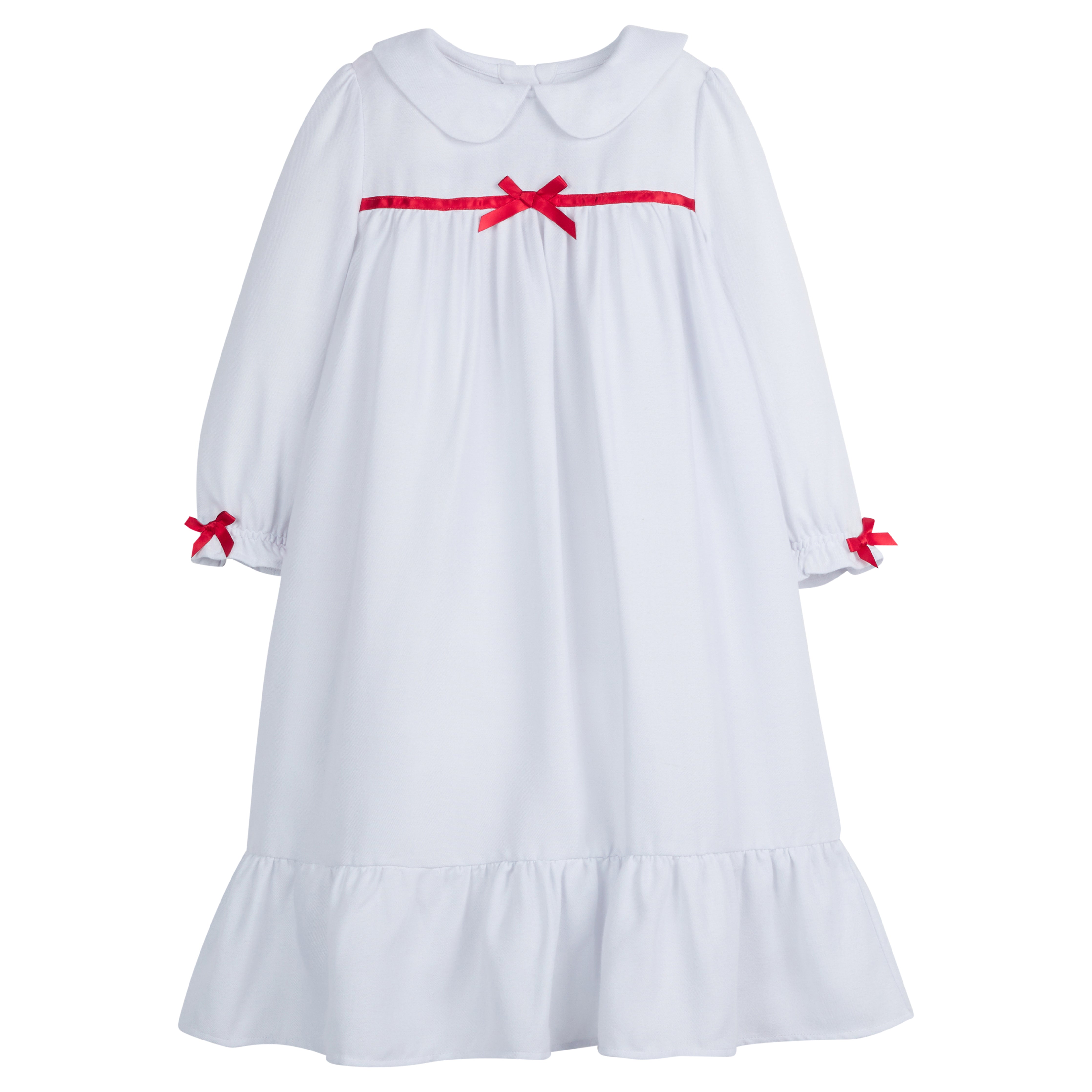 Little English traditional girl's flannel style nightgown, little girl's classic christmas nightgown in white with light red bow