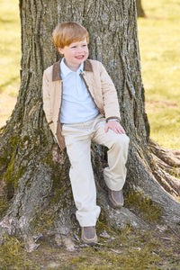 little english classic children's clothing, quilted jacket in khaki, long sleeve polo in sky blue tripe, pull on pant in pebble twill 