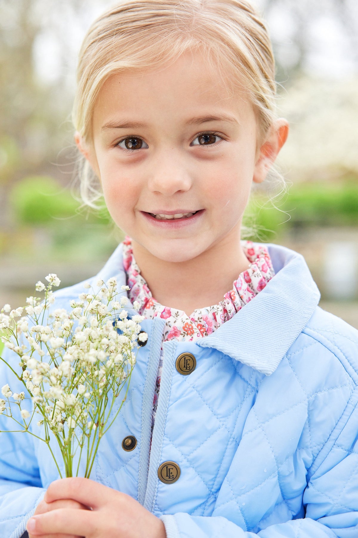 Little English children's classic quilted jacket in light blue with corduroy details