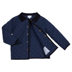 Little English classic navy quilted jacket with interior name tag patch