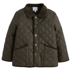 Little English classic childrens clothing unisex button snap quilted jacket in olive green