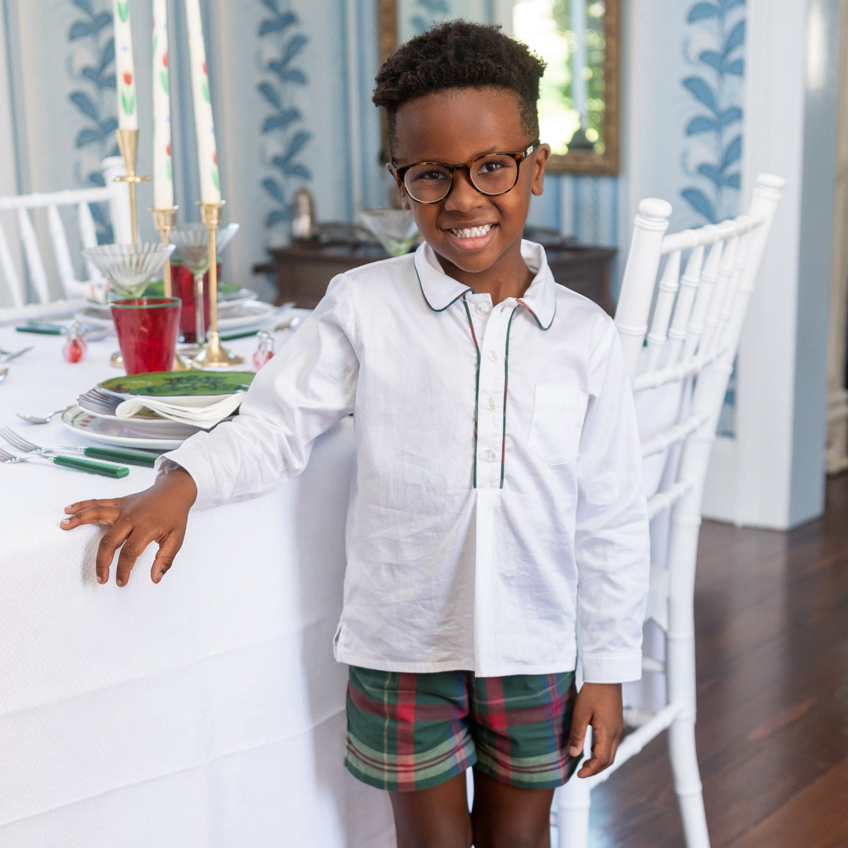 Hayden Long Sleeve Boy Set in Green Tartan