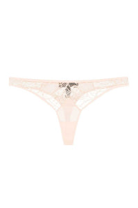 Low waist sheer blush color lace thong flat lay