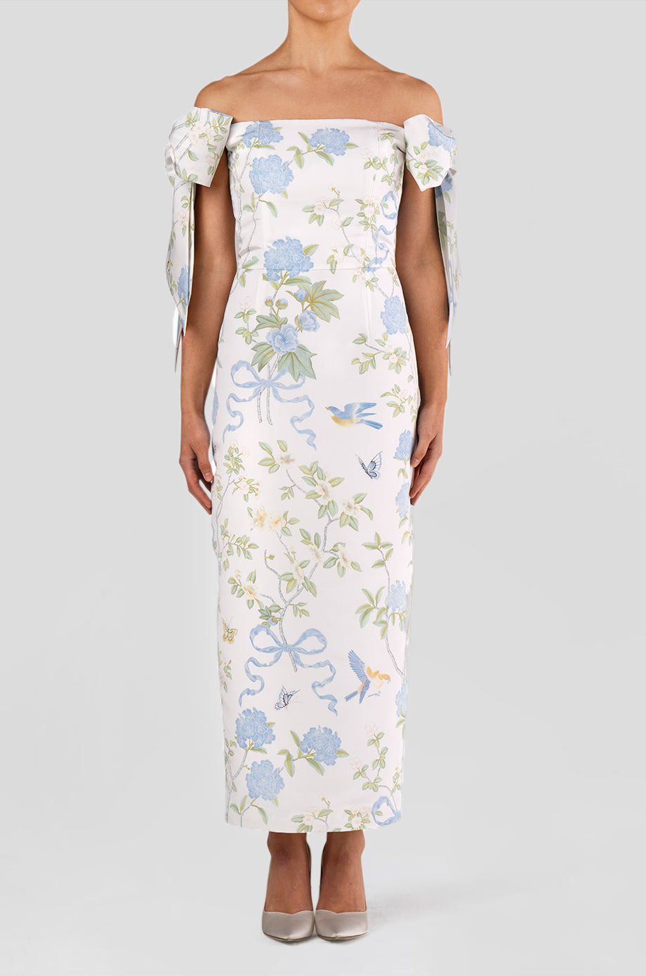 Isabella Beheld Butterfly Floral Silk Faille Midi Dress in Bridal White