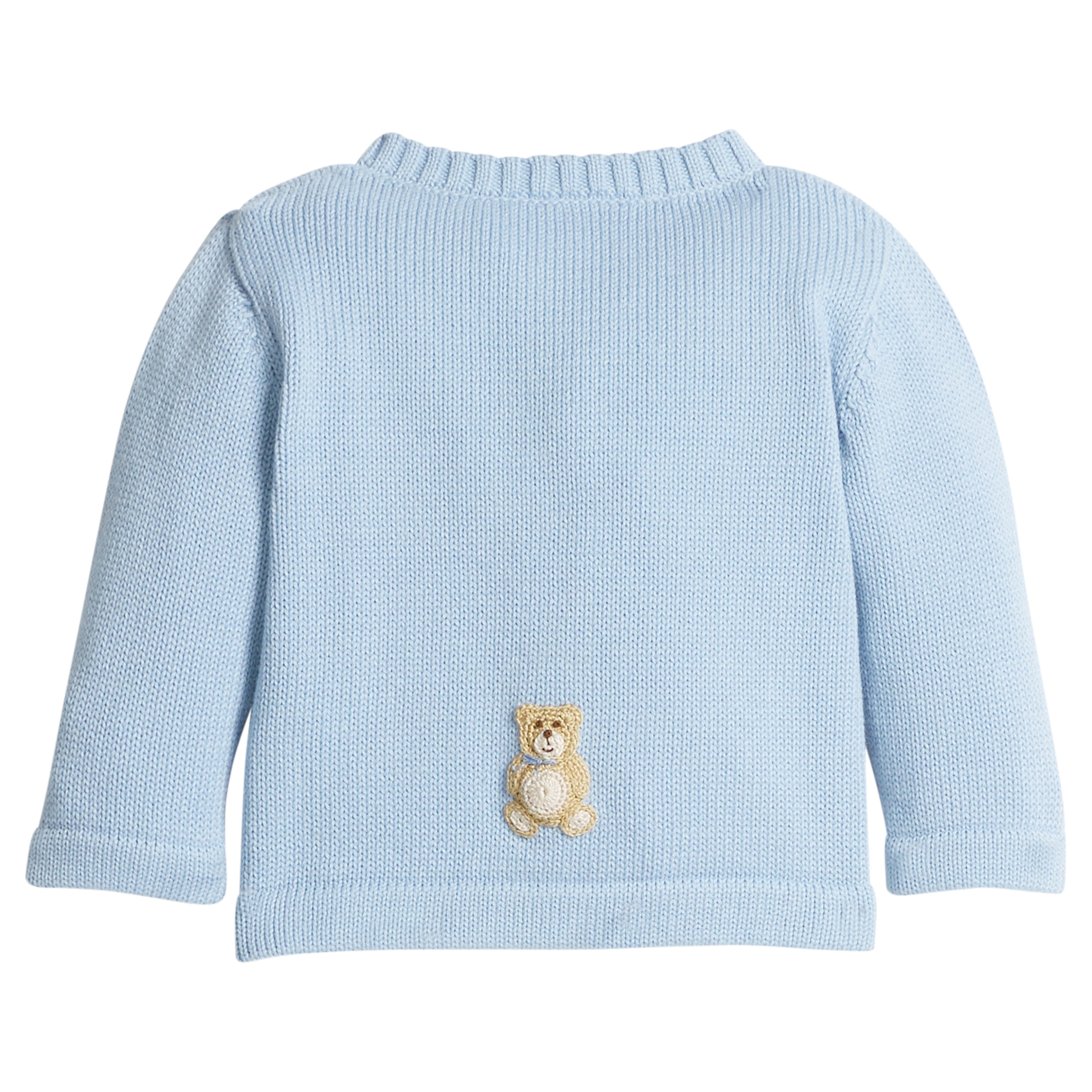 little english classic children's clothing baby boys light blue crochet cardigan with teddy bear motif 
