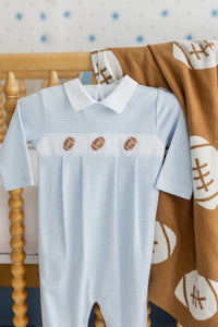 little english classic children's clothing light blue and white striped footie for baby boys with football motif for fall 