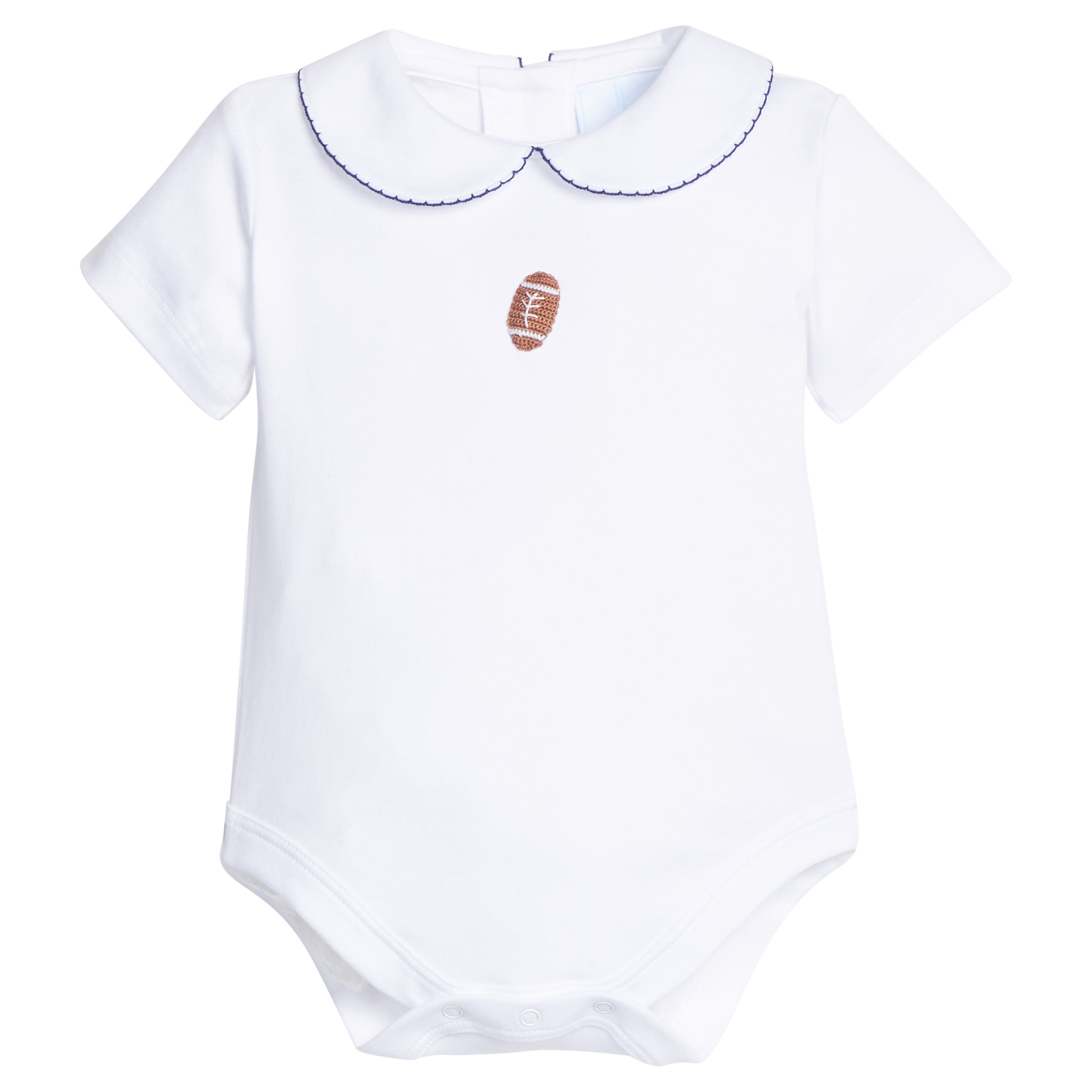 little english classic children's clothing white onesie for baby boys with crochet football and peter pan collar with navy picot trim 