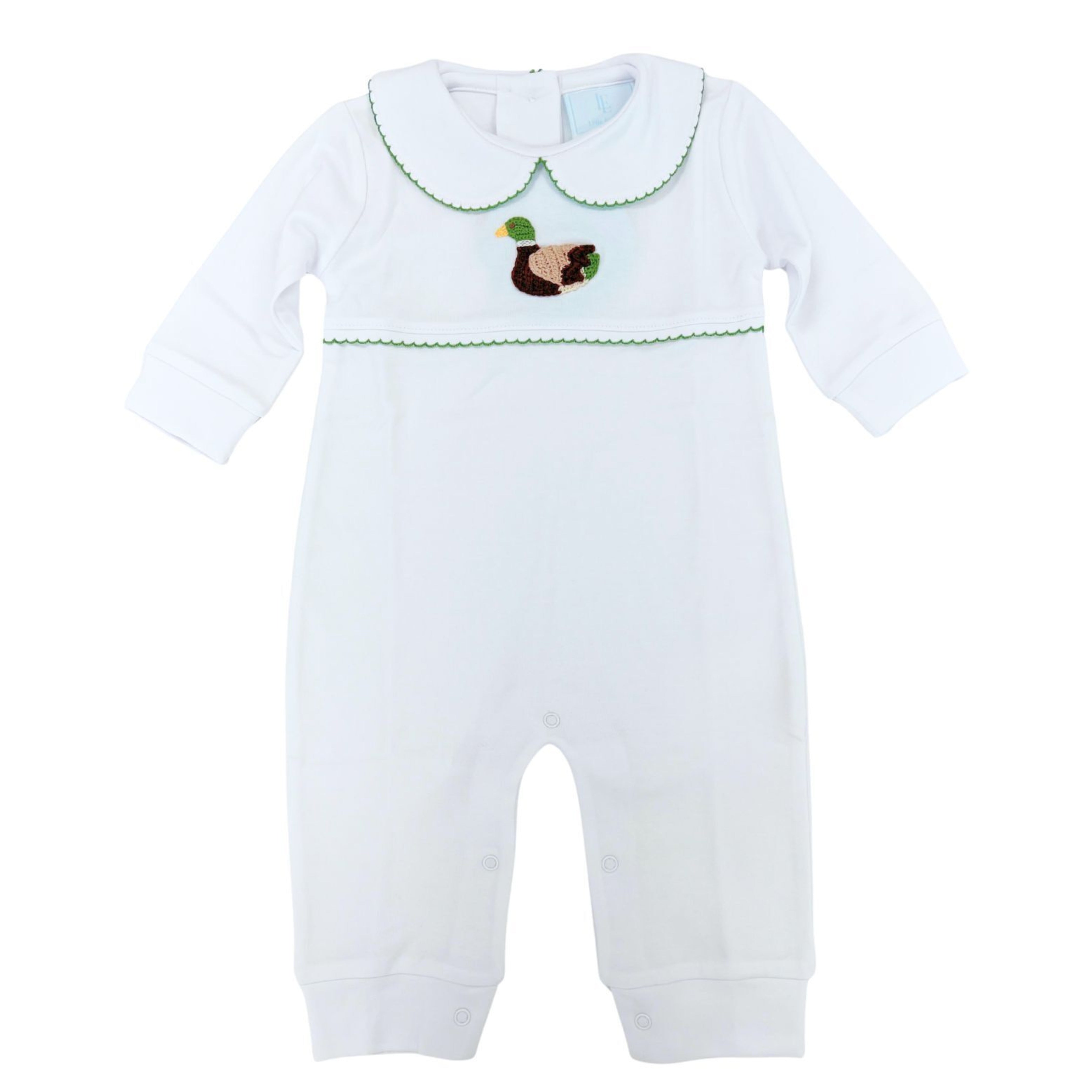 Little English classic children's clothing. White knit playsuit with peter pan collar, green picot trim and crochet mallard at the center chest for baby boy